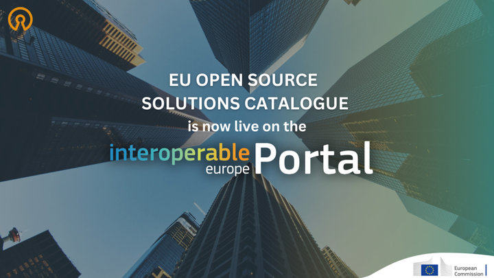 Picture of some skyscrapers, taken from below. The text says "EU open source solutions catalogue is now live on the Interoperable Europe Portal!