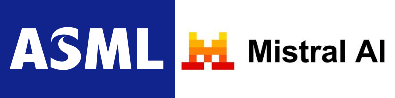From left to right: ASML logo (white "ASML" letters over blue background) and Mistral AI logo (letter "M", and then "Mistral AI" written with black letters over a white background).
